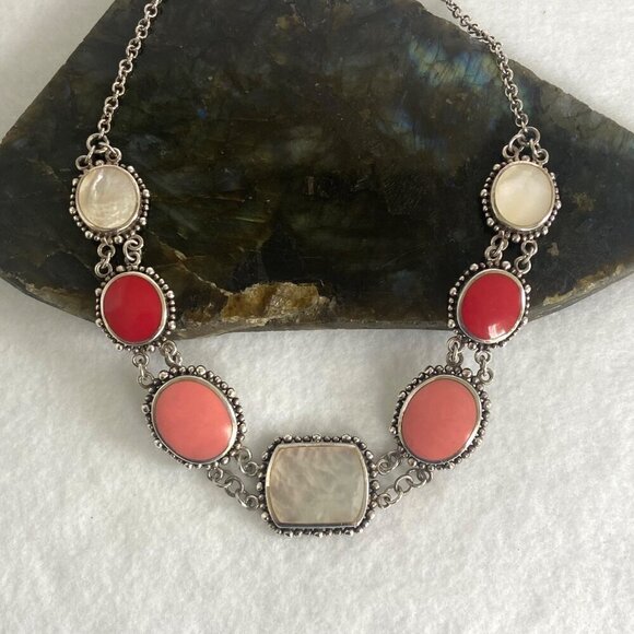 Sterling Silver 925 Chunky Mother Of Pearl Pink Red Rolo Chain Panel Necklace - Picture 12 of 16